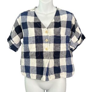 Everlane Linen Utility Popover Shirt Small Blue Buffalo Plaid Boxy Cuffed Pocket